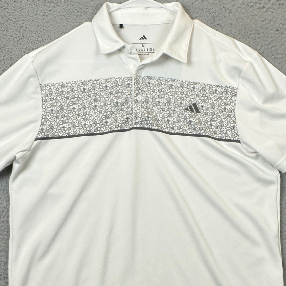 Adidas Polo Shirt Mens Medium White Floral Chest Stripe Performance Golf Rugby